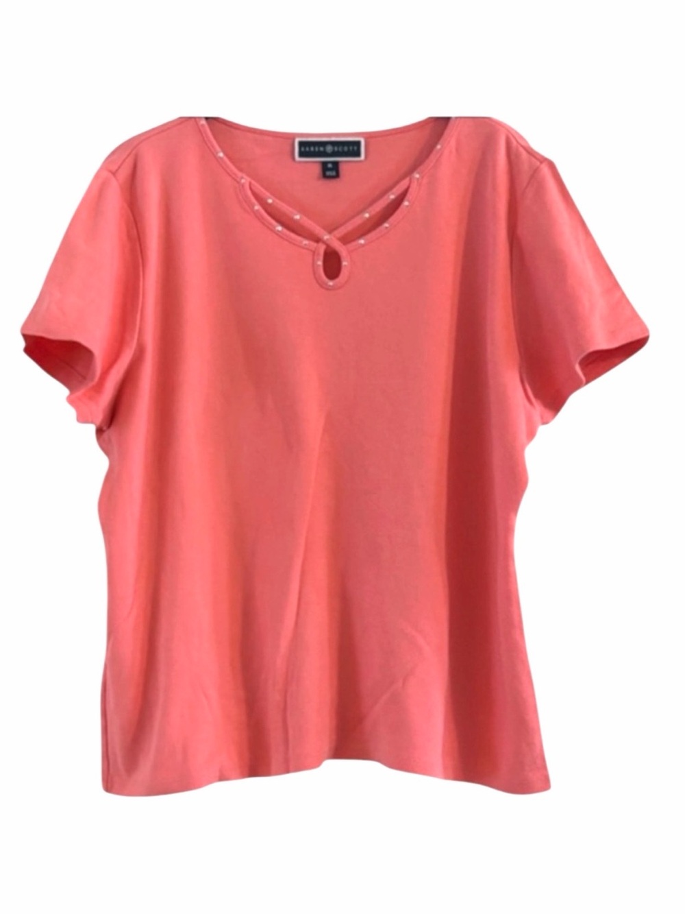 Karen Scott Coral Pink 100% Cotton Pearl Keyhole Neck Textured Knit Top XL